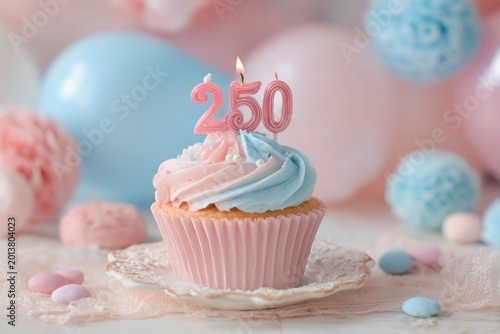 Festive Cupcake with Candles Celebrating 250th Anniversary in Soft Pink and Blue Tones