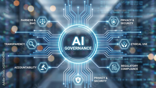 Artificial intelligence governance framework concept showing fairness transparency accountability privacy ethical use and regulatory compliance pillars for responsible AI technology management