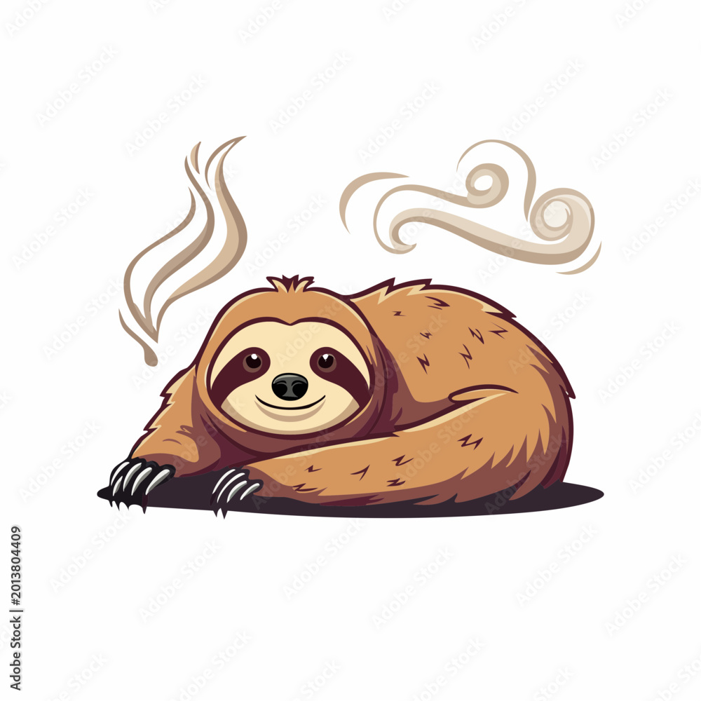 Fototapeta premium Cute cartoon sloth relaxing with steam or smoke effect