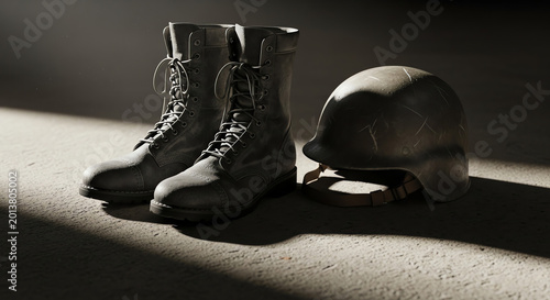 Vintage military boots and helmet on concrete floor