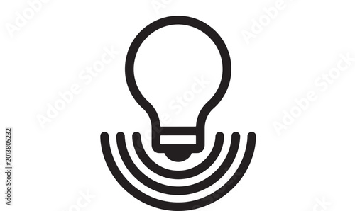 Light bulb icon with three curved signal waves under it, simple monochrome technology symbol for UI and ideas
