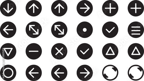 A large set of round user interface icons with arrows and symbols on a black background