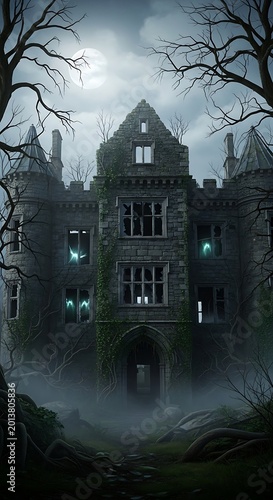 Eerie, overgrown, abandoned manor shrouded in mist under moonlight