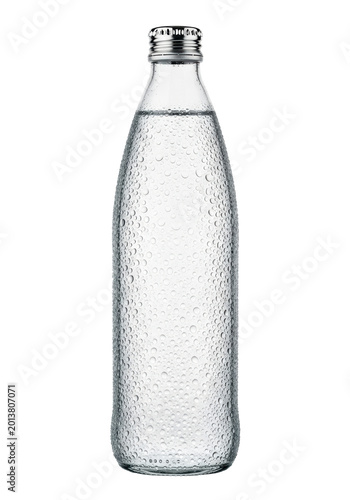 Hyperrealistic macro shot of a cold glass bottle of water with icy condensation and a silver cap on a white studio background. Concept of refreshment and purity