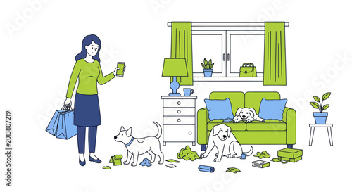 Photography Woman returns home to find naughty dogs in a messy living room