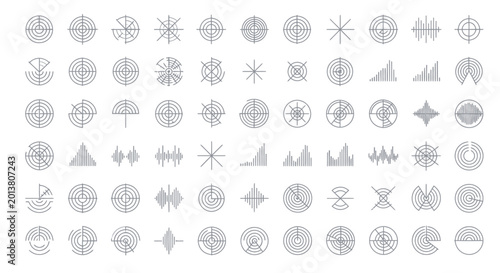 фотографія Set of radar sonar icons and digital signal wave UI elements.