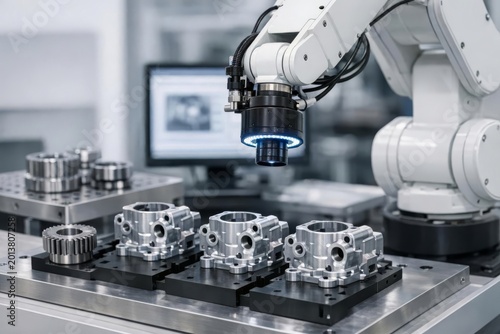 White industrial robot with vision sensor inspecting machined metal components on fixture table, automated measurement and quality assurance in precision manufacturing environment