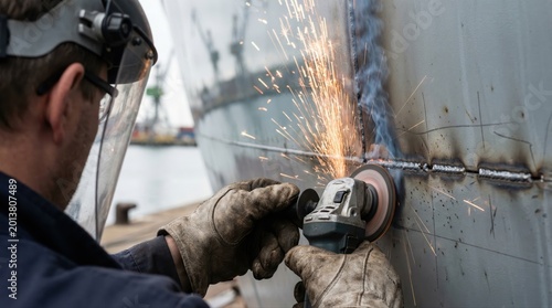 Shipyard worker carefully grinding a metal surface on a boat hull with an angle grinder, producing a shower of bright sparks while undertaking specialized industrial work requiring safety gear
