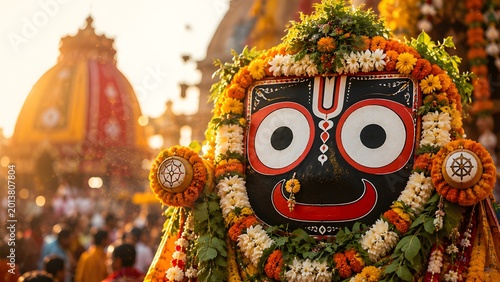 Lord Jagannath deity idol decorated with white flower garlands at Puri temple during Rath Yatra festival procession, sacred Hindu religious celebration from Odisha India
