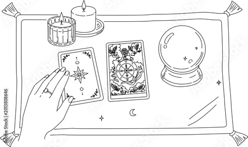 運命を占う占い師の手元とタロットカード「運命の輪」の線画イラスト