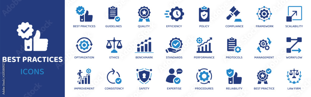Obraz premium Best practices flat icon set. Containing icons as best practices, guidelines, quality, efficiency, policy, compliance, framework and more. Solid vector web icons collection.