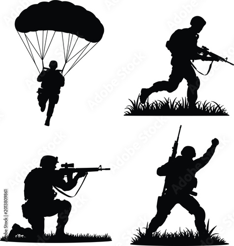 Obraz na plátně Military soldier silhouette collection featuring parachuting aiming and combat a