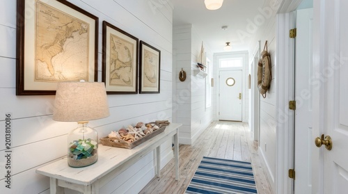 Nautical hallway decor with maps, shells, and a life preserver creates coastal charm