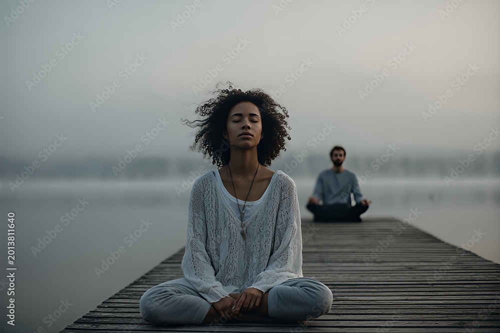 Fototapeta premium Black woman meditator with curly hair in white knit sweater and pendant, seated cross - legged on a foggy lake dock — man meditating blurred behind