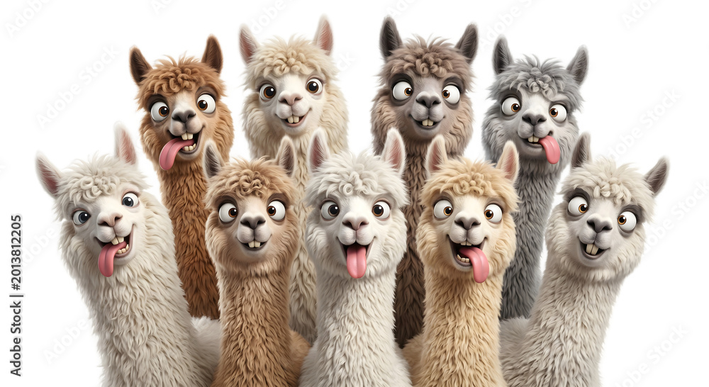 Naklejka premium A group of funny cartoon alpaca and llama characters with different colored wool staring at the camera with silly expressions and tongues sticking out, detailed 3D render on a black background.