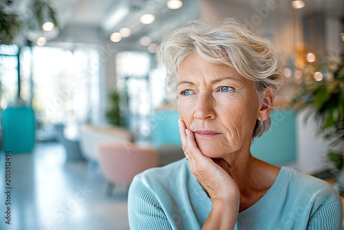 Pensive senior woman patient with short silver hair and blue eyes, hand on cheek in bright clinic waiting room wearing teal sweater