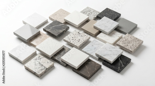 Various stone countertop samples, including quartz, marble, and granite textures, isolated on white for interior design