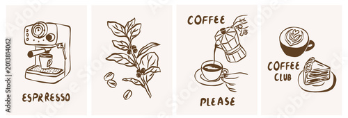 Hand drawn doodle coffee prints and posters collection