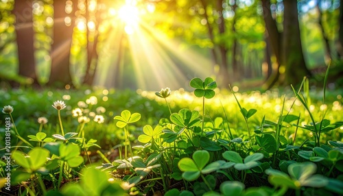 Radiant sunbeams illuminate lush green clovers on a peaceful forest floor. A beautiful symbol of luck and new beginnings, perfect for naturethemed web headers and motivational graphics.