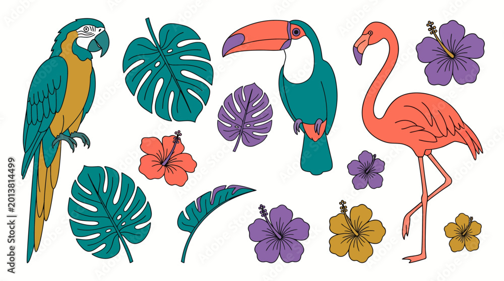 Naklejka premium Colorful tropical birds set with macaw parrot flamingo toucan accompanied by monstera leaves and hibiscus flowers, representing summer vacation themes and providing decorative elements