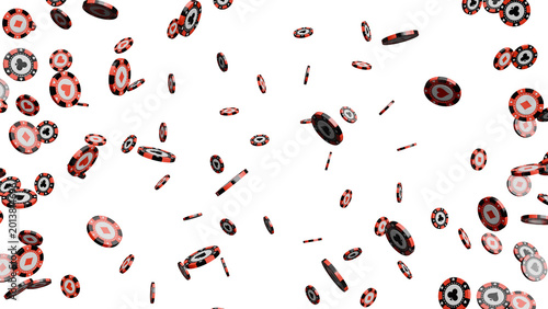 Red and White Poker Chips Falling on White Background