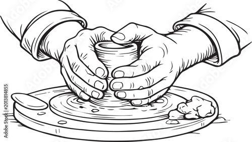 Принти на полотні Male hands sculpting clay on a pottery wheel — black-and-white vector line art illustration