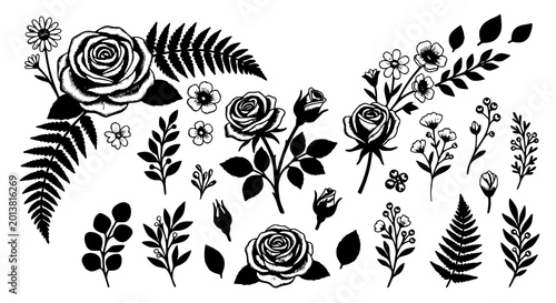 Photos Floral rose embroidery vector with satin stitch flowers and leaves bouquet illus