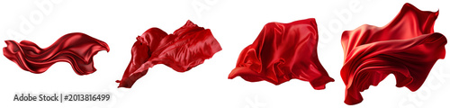 Four flowing red silk fabric pieces isolated on transparent background