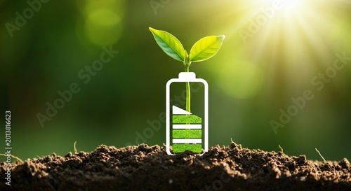 Glowing green eco battery sprouting organic roots dark soil.