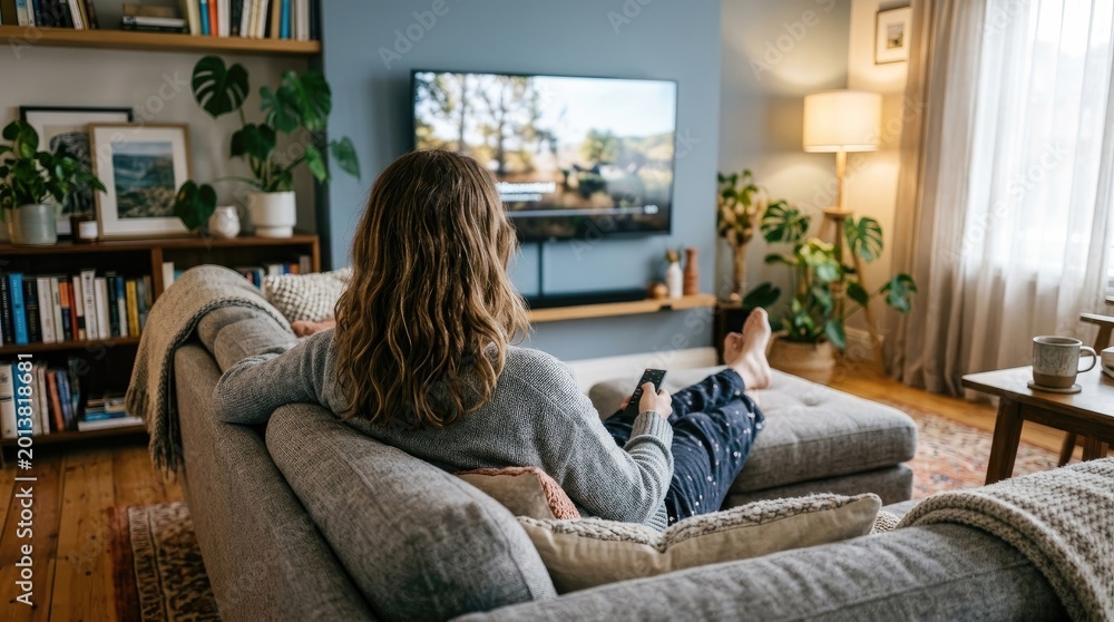 Obraz premium A woman relaxes on a large gray sofa, watching television. She is holding a remote control and wearing a gray sweater.