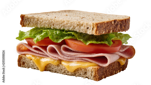 Cuadro en lienzo Isolated gourmet deli sandwich with savory ham, melted cheese, ripe tomato, and