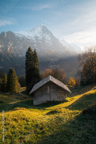 Autumn mountain scenery in the Swiss Alps with rustic mountain hut in Grindelwald, Switzerland