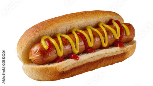 Fotografie Isolated classic delicious hot dog in a soft bun with yellow mustard and red ket