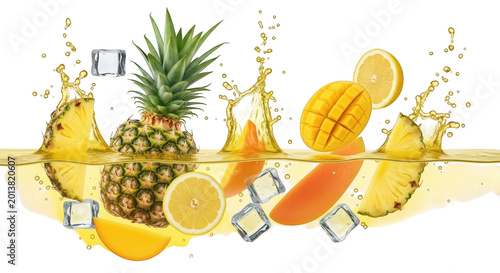 Fresh pineapple, mango and lemon slices falling into water with ice cubes isolated on transparent background