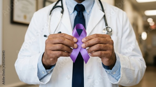 World mental health day doctor holding purple ribbon supporting mental wellbeing and awareness
