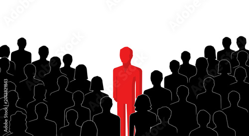 Bild auf Leinwand Red person standing out from black crowd silhouettes, representing uniqueness and leadership