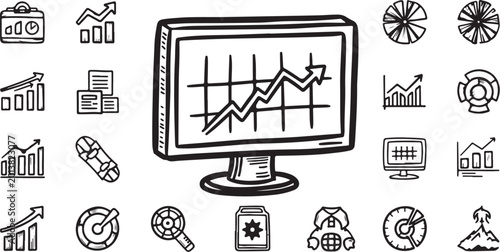 Business growth graph on computer monitor with hand drawn