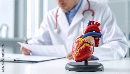 Cardiologist Examining Human Heart Anatomy Model in Modern Medical Office
