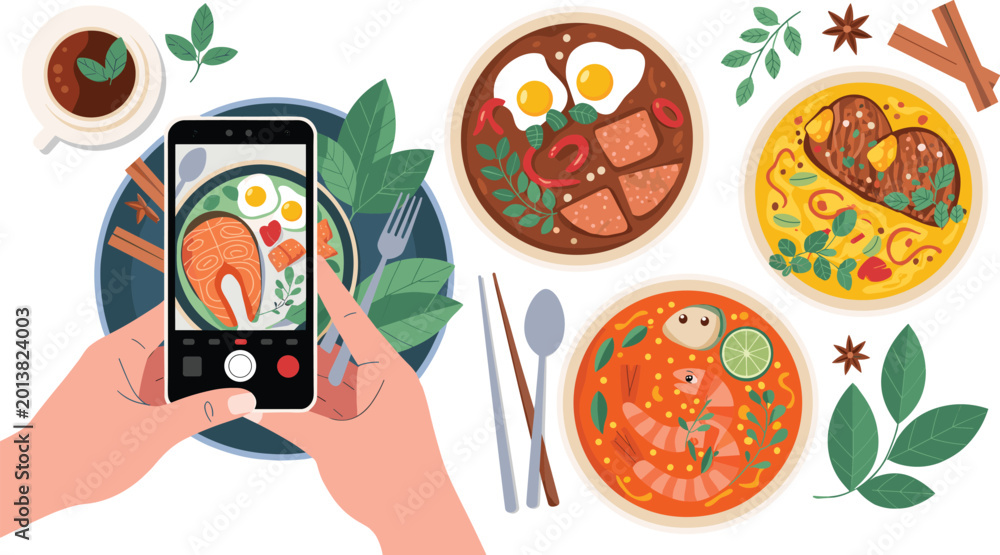 Fototapeta premium Top View Flat Illustration of Person Taking Photo of Authentic Asian Cuisine Dishes like Ramen and Tom Yum for Food Blogging and Menu Design