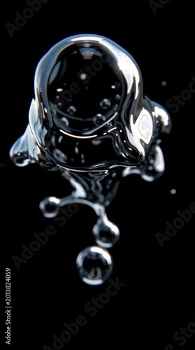 Extreme macro of a suspended droplet of liquid chrome reflecting distorted light and abstract surroundings. Futuristic metallic fluid captured with cinematic precision.