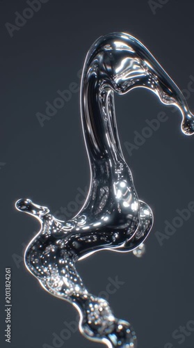 Extreme macro of a suspended droplet of liquid chrome reflecting distorted light and abstract surroundings. Futuristic metallic fluid captured with cinematic precision.