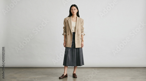 Minimal Fashion Portrait of Asian Woman Wearing Beige Blazer and Pleated Skirt