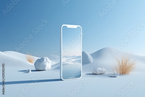 Futuristic smartphone surrounded by white sand dunes and blue sky in desert landscape