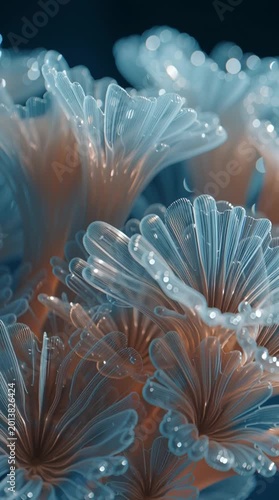 Coral-like structures made from translucent synthetic polymers with soft internal light scattering. Ocean-inspired futuristic forms blend organic beauty with advanced materials.