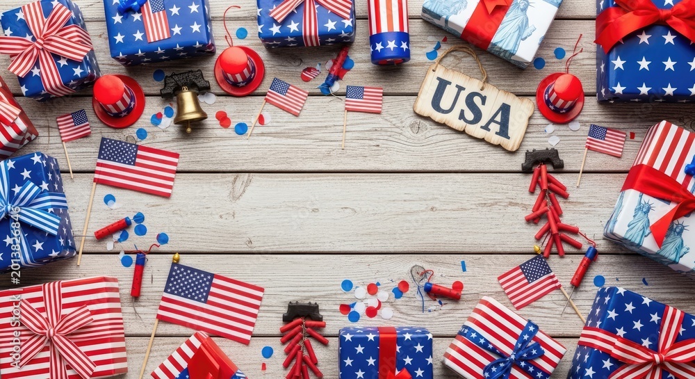 Fototapeta premium Patriotic fourth of july arrangement with gifts and american flags