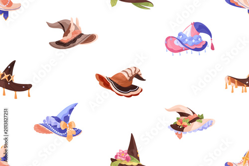 Foto Endless background of decorated pointed witches hats