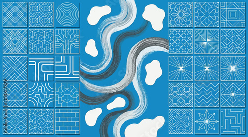 Tableau sur toile Collection of intricate geometric and linear tile patterns on blue background