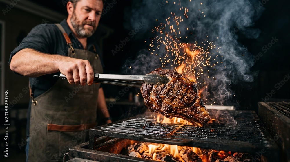 Fototapeta man grilling tomahawk steak over fire with smoke and sparks