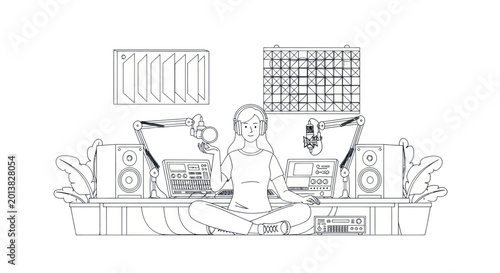 Foto Female podcaster sitting in a professional recording studio with audio equipment