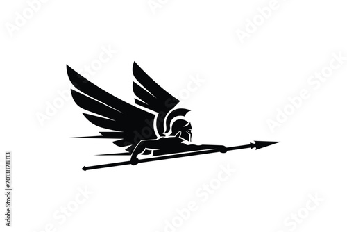 Bild auf Leinwand Dynamic winged warrior flying with a spear, black and white vector illustration